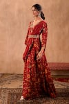 Mehak Murpana X AZA_Red Crepe Embroidery V-neck Floral Print Anarkali With Draped Dupatta 
