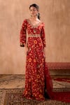 Mehak Murpana X AZA_Red Crepe, Georgette Embroidery V-neck Floral Print Anarkali With Dupatta _Online_at_Aza_Fashions