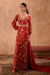 Buy_Mehak Murpana X AZA_Red Crepe, Georgette Embroidery V-neck Floral Print Anarkali With Dupatta 