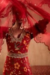 Shop_Mehak Murpana X AZA_Red Crepe, Georgette Embroidery V-neck Floral Print Anarkali With Dupatta 