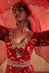 Shop_Mehak Murpana X AZA_Red Crepe, Georgette Embroidery V-neck Floral Print Anarkali With Dupatta _Online
