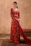 Mehak Murpana X AZA_Red Crepe, Georgette Embroidery V-neck Floral Print Anarkali With Dupatta 