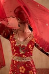 Mehak Murpana X AZA_Red Crepe, Georgette Embroidery V-neck Floral Print Anarkali With Dupatta 