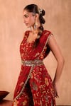 Mehak Murpana X AZA_Red Crepe Embroidery Square Neck Floral Print Jumpsuit With Draped Dupatta _Online
