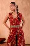 Buy_Mehak Murpana X AZA_Red Crepe Embroidery Square Neck Floral Print Jumpsuit With Draped Dupatta _Online