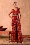 Buy_Mehak Murpana X AZA_Red Crepe Embroidery Square Neck Floral Print Jumpsuit With Draped Dupatta _at_Aza_Fashions