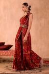 Mehak Murpana X AZA_Red Crepe Embroidery Square Neck Floral Print Jumpsuit With Draped Dupatta 