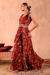 Mehak Murpana X AZA_Red Crepe Embroidery Square Neck Floral Print Jumpsuit With Draped Dupatta 