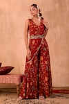 Mehak Murpana X AZA_Red Crepe Embroidery Square Neck Floral Print Jumpsuit With Draped Dupatta _Online_at_Aza_Fashions