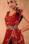 Mehak Murpana X AZA_Red Crepe Embroidery Square Neck Floral Print Jumpsuit With Draped Dupatta 