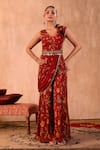 Mehak Murpana X AZA_Red Crepe Embroidery Square Neck Floral Print Jumpsuit With Draped Dupatta 