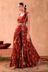 Mehak Murpana X AZA_Red Crepe Embroidery Square Neck Floral Print Jumpsuit With Draped Dupatta 