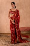 Buy_Mehak Murpana X AZA_Red Crepe Embroidery Square Neck Floral Print Pre-draped Saree With Blouse _at_Aza_Fashions