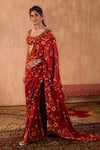 Mehak Murpana X AZA_Red Crepe Embroidery Square Neck Floral Print Pre-draped Saree With Blouse _Online_at_Aza_Fashions