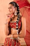 Shop_Mehak Murpana X AZA_Red Crepe, Organza Embroidery, Zari Square Neck Floral Print Lehenga Set _Online_at_Aza_Fashions