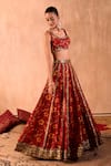 Mehak Murpana X AZA_Red Crepe, Organza Embroidery, Zari Square Neck Floral Print Lehenga Set _at_Aza_Fashions