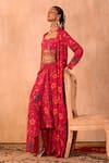 Mehak Murpana X AZA_Pink Crepe Embroidery Sweetheart Neck, Floral Print Draped Skirt And Jacket Set _at_Aza_Fashions