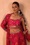 Buy_Mehak Murpana X AZA_Pink Crepe Embroidery Sweetheart Neck, Floral Print Draped Skirt And Jacket Set _Online