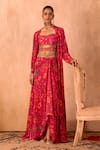 Buy_Mehak Murpana X AZA_Pink Crepe Embroidery Sweetheart Neck, Floral Print Draped Skirt And Jacket Set _at_Aza_Fashions