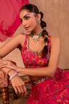 Shop_Mehak Murpana X AZA_Pink Crepe, Georgette Embroidery Leaf Neck Floral Print Lehenga Set 