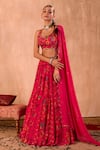 Shop_Mehak Murpana X AZA_Pink Crepe, Georgette Embroidery Leaf Neck Floral Print Lehenga Set _Online