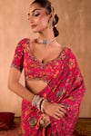 Shop_Mehak Murpana X AZA_Pink Crepe Embroidery V-neck Floral Print Pre-draped Saree With Blouse _Online_at_Aza_Fashions