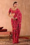 Buy_Mehak Murpana X AZA_Pink Crepe Embroidery V-neck Floral Print Pre-draped Saree With Blouse _Online