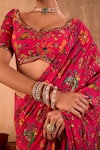 Mehak Murpana X AZA_Pink Crepe Embroidery V-neck Floral Print Pre-draped Saree With Blouse 