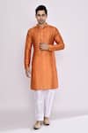 Buy_Arihant Rai Sinha_Orange Silk, Cotton Embroidery Mustard Yellow Blend Long Kurta _at_Aza_Fashions