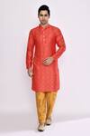 Buy_Arihant Rai Sinha_Red Silk Embroidery Kurta And Chikoo Brown Pant Set _at_Aza_Fashions