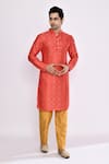 Arihant Rai Sinha_Red Silk Embroidery Kurta And Chikoo Brown Pant Set _Online_at_Aza_Fashions