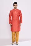 Shop_Arihant Rai Sinha_Red Silk Embroidery Kurta And Chikoo Brown Pant Set _Online_at_Aza_Fashions