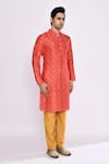 Arihant Rai Sinha_Red Silk Embroidery Kurta And Chikoo Brown Pant Set _at_Aza_Fashions