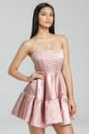 Buy_Emblaze_Rose Gold Satin Off-shoulder Pink Mini Corset Dress _at_Aza_Fashions