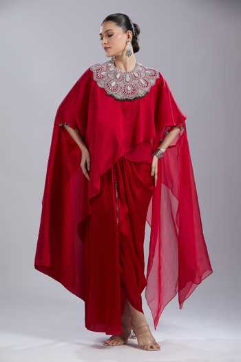 Buy_Prisho_Red Embroidery, Beads Round Neck Flower Kaftan Skirt Set _at_Aza_Fashions
