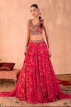 Buy_Mehak Murpana X AZA_Pink Crepe, Organza Beads, Sequins, Embroidery V-neck Floral Print Lehenga Set _Online