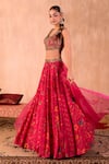 Shop_Mehak Murpana X AZA_Pink Crepe, Organza Beads, Sequins, Embroidery V-neck Floral Print Lehenga Set _Online