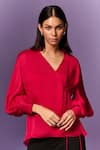 Buy_Emblaze_Pink Chiffon, Satin V-neck Hot Shirt _at_Aza_Fashions