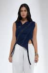 Buy_Krati Jain_Blue Denim Fringe Round Neck Dark Sleeveless Crop Top _at_Aza_Fashions