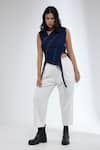 Krati Jain_Blue Denim Fringe Round Neck Dark Sleeveless Crop Top _at_Aza_Fashions