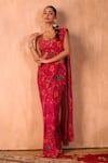 Mehak Murpana X AZA_Pink Crepe Embroidery Round Neck Floral Print Pre-draped Saree With Blouse 