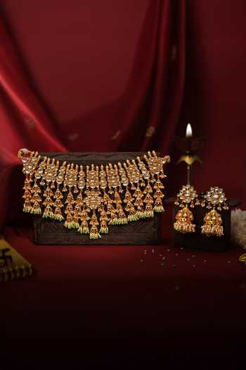 Shop_Riana Jewellery_Green Diamonds, Pearls Heavy Jadtar Kundan Set With And Jhumkis _at_Aza_Fashions