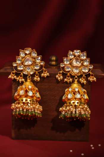 Buy_Riana Jewellery_Green Diamonds, Pearls Heavy Jadtar Kundan Set With And Jhumkis _Online_at_Aza_Fashions