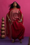 Buy_Pink City By Sarika_Red Silk Mirrors, Embroidery Round Neck Mangalya Bandhani Cape Set _at_Aza_Fashions