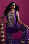 Buy_Pink City By Sarika_Purple Silk Embroidery, Gota Patti Round Neck Lotus Kurta Pant Set _Online_at_Aza_Fashions