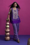 Shop_Pink City By Sarika_Purple Silk Embroidery, Gota Patti Round Neck Lotus Kurta Pant Set _Online_at_Aza_Fashions
