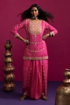 Buy_Pink City By Sarika_Pink Silk Gota Patti, Embroidery Round Neck Rani Bandhani Matka Kurta Pant Set _at_Aza_Fashions