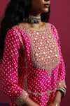 Pink City By Sarika_Pink Silk Gota Patti, Embroidery Round Neck Rani Bandhani Matka Kurta Pant Set _at_Aza_Fashions