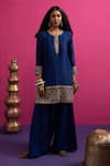 Buy_Pink City By Sarika_Blue Silk Mirrors, Embroidery Round Neck Love Kurta Pant Set _at_Aza_Fashions