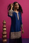 Buy_Pink City By Sarika_Blue Silk Mirrors, Embroidery Round Neck Love Kurta Pant Set _Online_at_Aza_Fashions